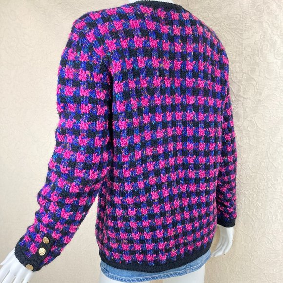 Emma Camusso Vintage Wool Chunky Knit Cardigan Pink Black Purple XL - Picture 6 of 14